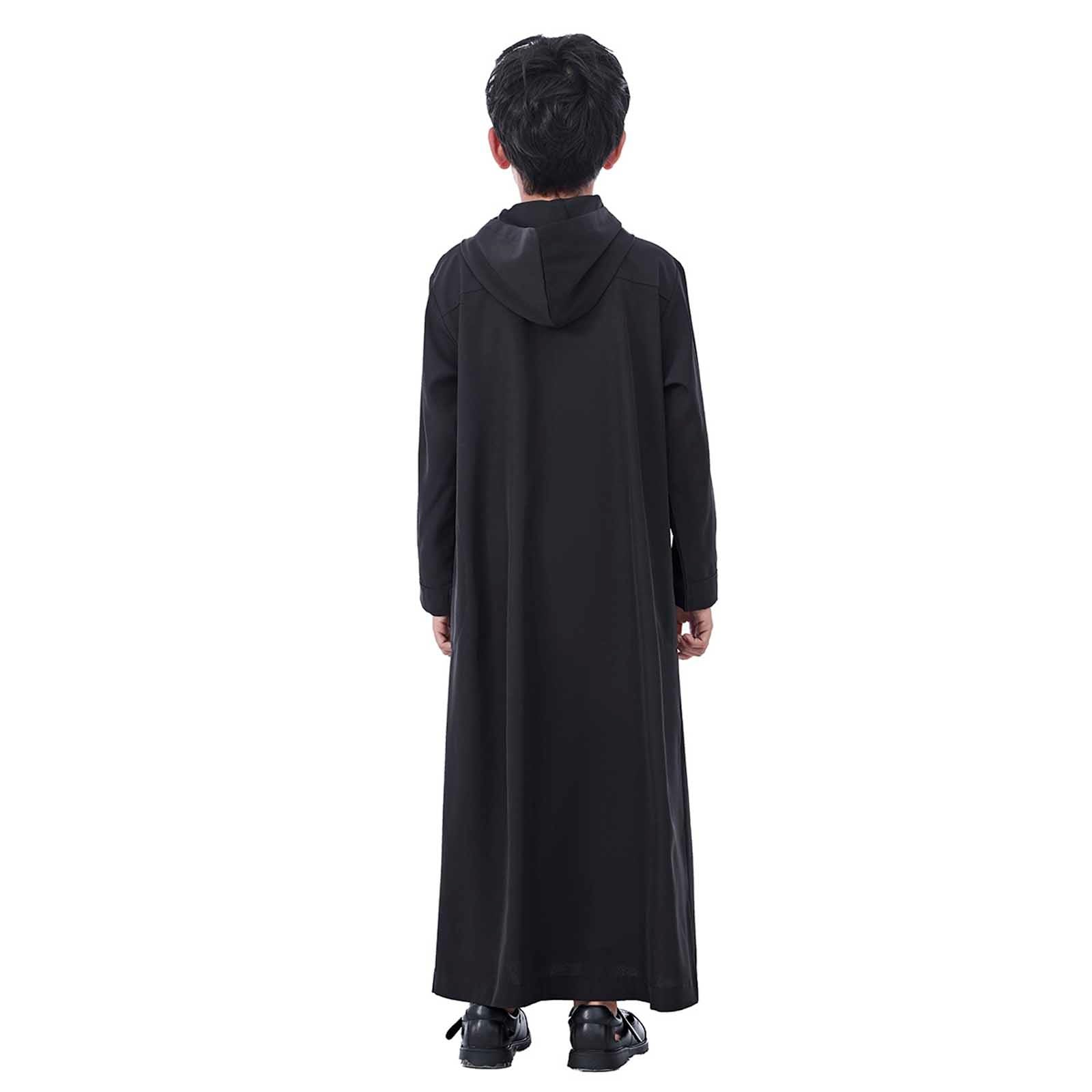 Eid ubrania dla chłopców z długim rękawem z kapturem biały Thobe zamek muzułmański szlafrok wygodny islamski arabski dubaj hidżab szlafrok Jubba na meczet Eid ul-Fitr nabożeństwa i uroczystości