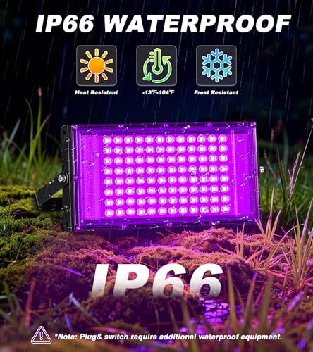 Image of TigQiang 100W 2 Pack LED Black Light IP66 Waterproof, Outdoor Blacklight Flood Light with Plug Switch Cord, for Halloween, Neon Glow in The Dark Party, Body Paint, Fluorescent Poster, Classroom