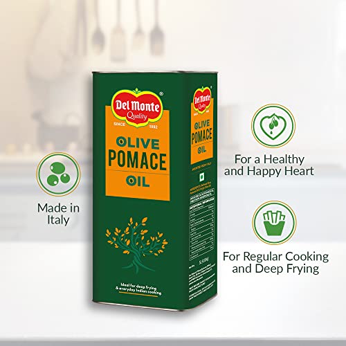 Image of Del Monte Pomace Olive Oil (Imported) | All-purpose everyday cooking oil for regular Indian cooking | Ideal for deep frying, roasting, baking | High MUFA & Low in Saturated Fat | Pomace Olive Oil, 5L Tin Bottle