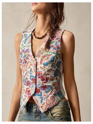 MakeMeChic Women's Plus Size Western Outfit Floral Vest Tops Sleeveless V Neck Button Front Jacket Outerwear3