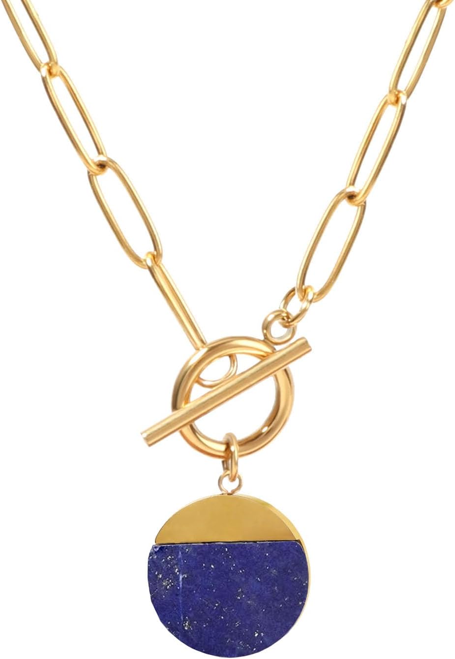 TaYolnFaSo Natural Stone Paperclip Toggle Necklace Dainty Size Heart/Round Teardrop Gemstone Paper Clip Chain Necklace Birthstone Jewelry Gift for Women