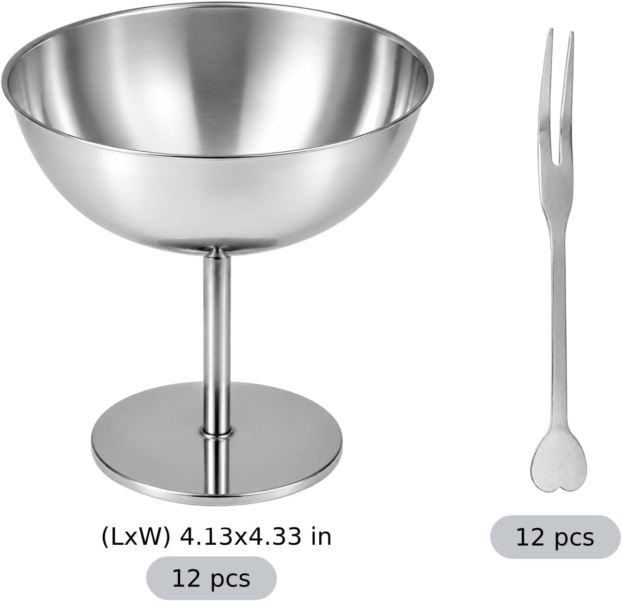 12 PCS Stainless Steel Ice Cream Cups with Forks 6.7 oz Silver Footed Bowls
