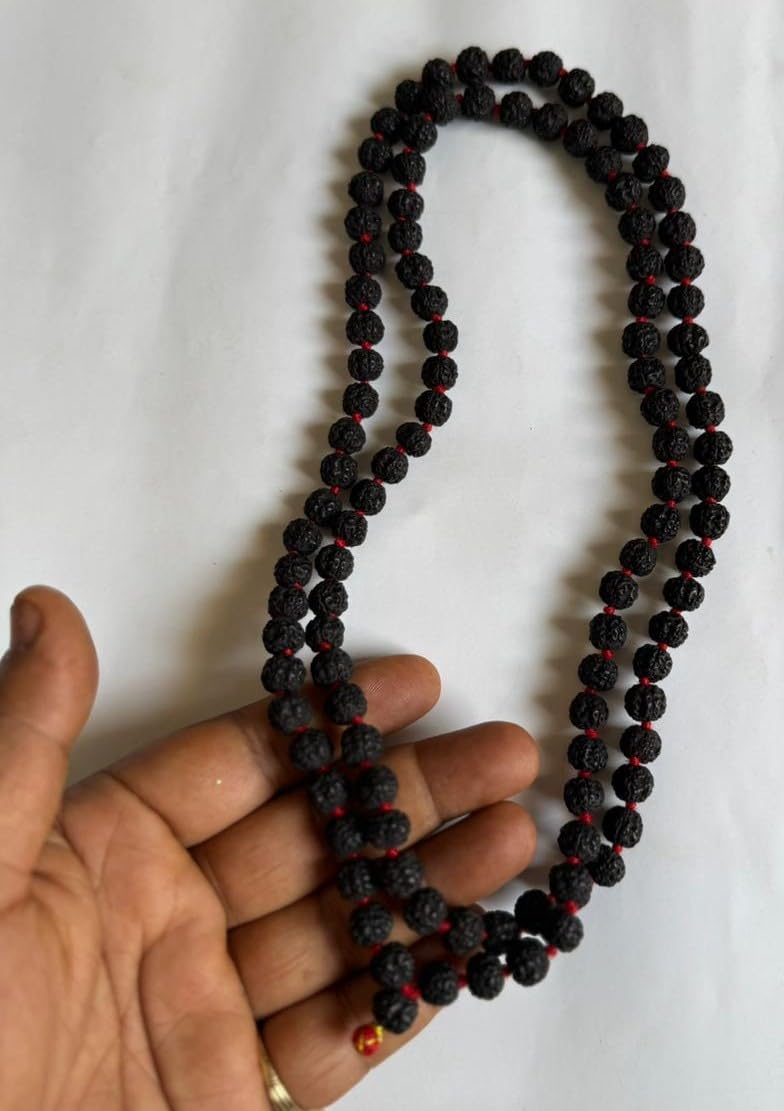 HONODIX® Original Rudraksha Panchmukhi mala (Black, 6.5mm) for Wearing and Japa Mala (5 Mukhi Mala, 108 Beads Rosary Garland) (Black) (1)