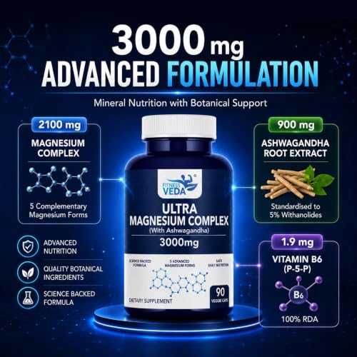 Image of Fitness Veda Ultra Magnesium Complex with Ashwagandha, Vitamin B6 & 5 Magnesium Forms, 3000mg, 90 Veggie Capsules