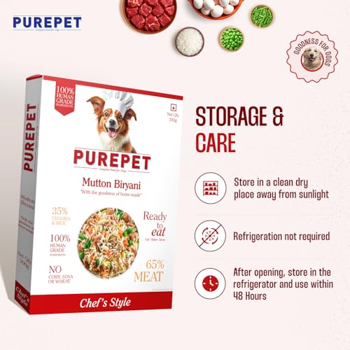 Image of Purepet Fresh Dog Food 300g | Mutton Biryani for Adults & Puppies | High Protein, 65% Real Meat, 35% Veggies & Rice | No Preservatives | Ready to Serve | All Breeds | Single Meal Pack (Pack of 5)