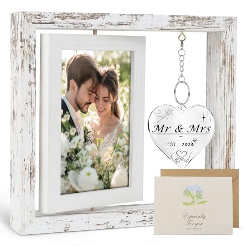 Wedding Gifts for Couples 2024, Engagement Gifts for Couples, Personalized Mr and Mrs Wedding Gift for Newlyweds, Bridal Shower Gift for Bride to Be, Rotating Floating Wedding Picture Frame 4x6
