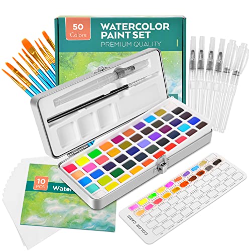 Watercolor Paint Set, 50 Vivid Colors in Portable Box, Including Metallic and Fluorescent Colors, Watercolor Paper, Brushes. Perfect Travel Watercolor Set for Artists, Amateur Hobbyists, Painting Lovers