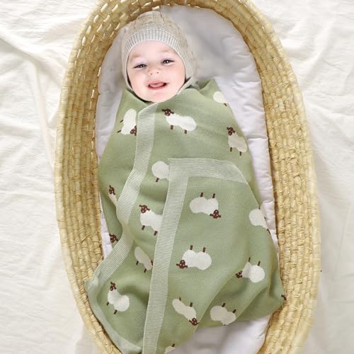 Image of mimixiong Baby Blanket Knit Receiving Boys Girls Blanket Soft Cotton Neutral Blanke for Swaddle Crib Stroller with Cute Sheep (LightGreen, 30x40 Inch (Pack of 1))