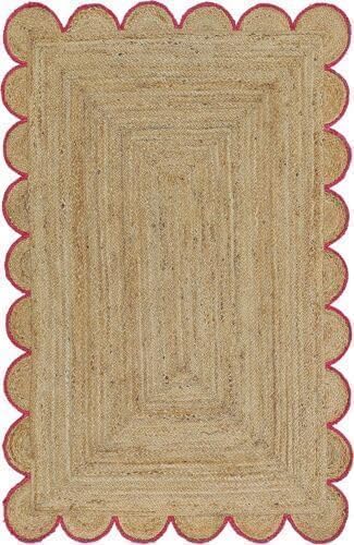 Handmade Jute Area Rug with Scalloped Border Natural Fiber Indoor Carpet for Living Room Bedroom Entryway Flat Woven Floor Rug