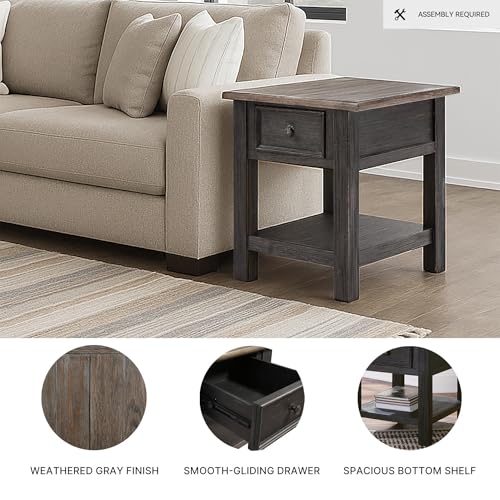 Image of Signature Design by Ashley Tyler Creek End Table, Farmhouse Wood | Smooth-gliding drawer, Open shelf for organized storage, Durable solid and engineered wood and veneers