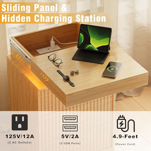 Image of Nightstand Set of 2 for Bedroom, LED Nightstand with 3 Drawers and Charging Station, Mid Century Modern Fluted Nightstands, Bedside Tables & End Tables, Wood