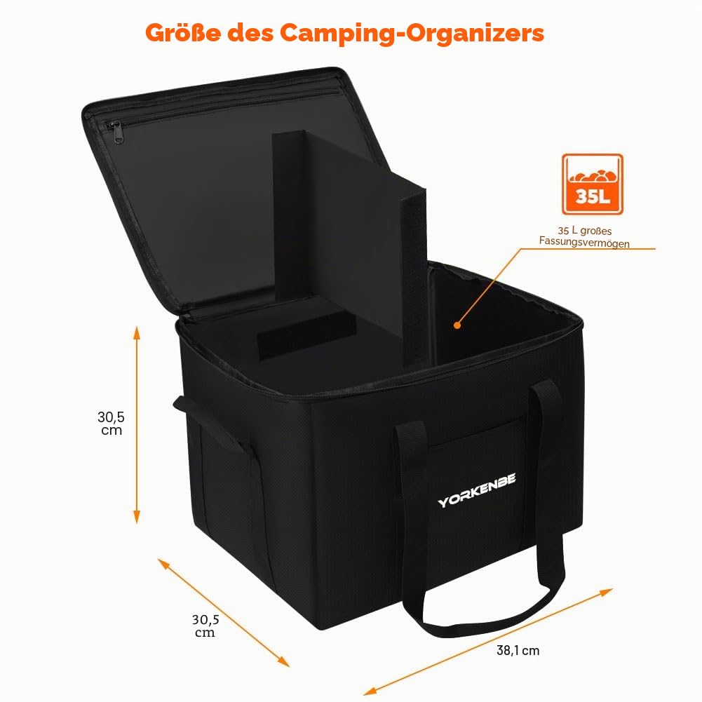 Camping Organizer, 35L wasserdichte extra große Campingtasche mit stabilem Boden, Campingtasche mit Fächern und Zip-Deckel, Outdoor-Camping und Wandern Küchenutensilien Organizer