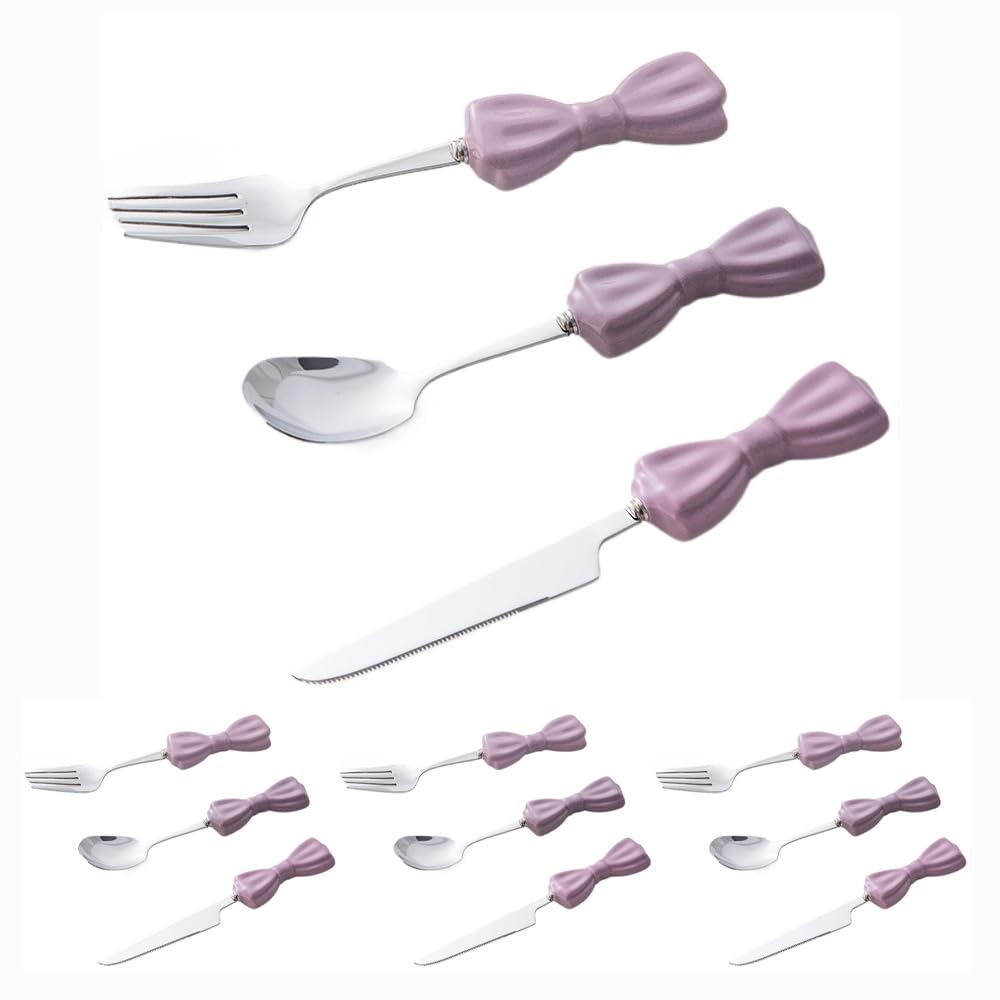 Bowknot Ceramics Handle Kitchen Stainless Steel Silverware Tableware Flatware Cutlery Set Steak Knife Fork Spoon Teaspoon (Purple,12 Pieces)
