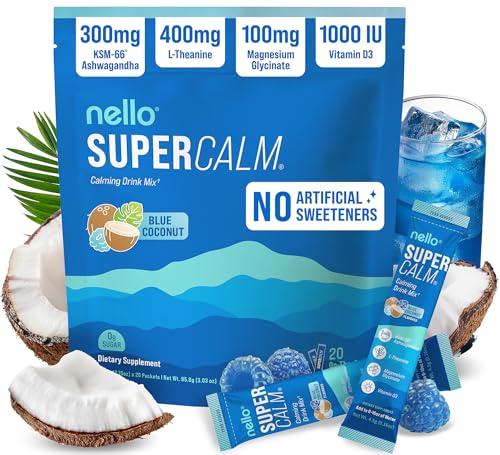 Image of Nello Supercalm Drink Mix with Magnesium Glycinate, KSM 66 Ashwagandha, Vitamin D3 and L Theanine, Calm Powder Supplements for Relaxation Support, No Sugar, Travel Packets, 20 Ct, Blue Coconut