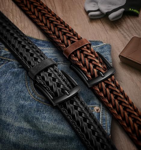 BULLIANT Men Belt 2Pack,Braided Woven Leather Belt For Men Golf Casual Jeans 1 3/8"2