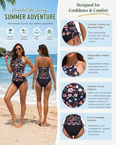 Image of Womens Two-Piece Tankini Set Cow Skull with Leopard Print Sets Swimwear Tankini Top Sets Swimwear