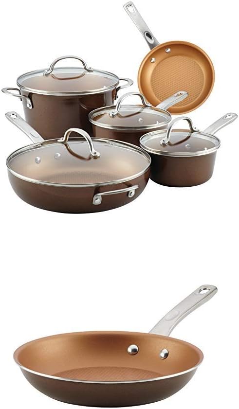 Ayesha Home Collection Porcelain Enamel Nonstick Cookware Set, Brown Sugar, 9-Piece Set + 10" Fry Pan