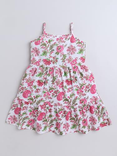 Image of The Magic Wand Kids Girls Printed Casual Dresses, Knee Length Singlet Strap Fit & Flared Cotton Once Piece Stylish Frocks for Summer Season