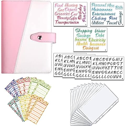 Budget Binder Color Block 30 Pcs A6 PU Leather Notebook Binder Planner Set, Personal Budget Planner Organizer 10 Cash Budget Envelopes Zipper Pockets 12 Budget Bill Planner Sheet 7 Label Stickers Cover