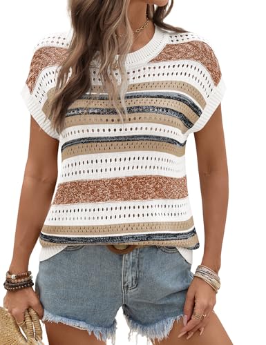 Ivicoer Womens Summer Tops Crochet Knit Short Sleeve Sweaters Hollow Out Casual Beach Cover Ups for Women Khaki Stripe L