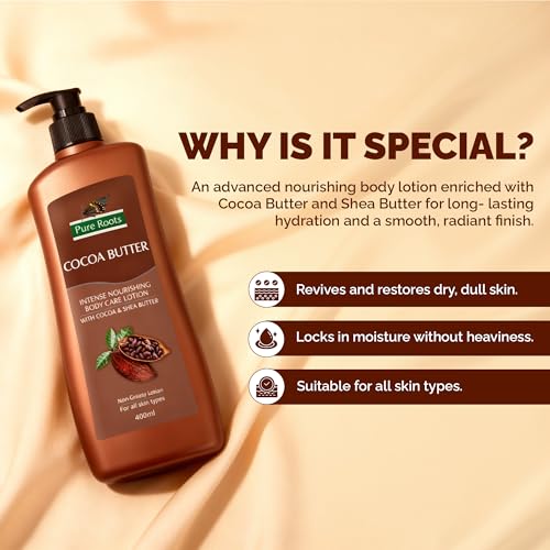 Image of Pure Roots Body Lotion Combo - Fruit Lotion & Cocoa Butter (400ml x 2) | Pack of 2 Moisturizing Body Lotion for Men & Women | Fast Absorbing, Non-Sticky | Deep Nourishment & Instant Hydration for All Skin Types | All Season Use
