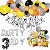 Dirty 3rdy Birthday Boy Decorations, Construction 3rd Birthday Decorations, Dirty 3rd-y Party Supplies, Construction Trucks Dump Truck Excavator Digger Balloons Banner for Third Three 3 Years Old Boys
