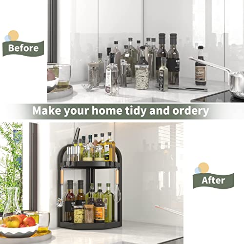 Coorack Spice Rack Organizer With Hooks, 2 Tier Bathroom Organizer Countertop, Kitchen Corner Seasoning Organizer Shelf, Countertop Standing Storage Rack For Bathroom, Kitchen, Bedroom (Small) Black #TOP6