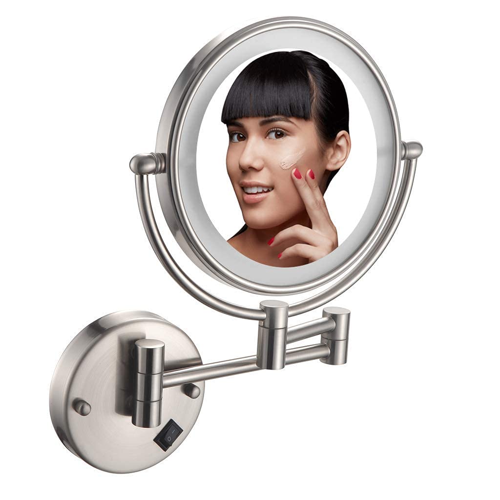 Miroir de maquillage mural rond 8 pouces éclairé LED et miroir de rasage grossissant double face