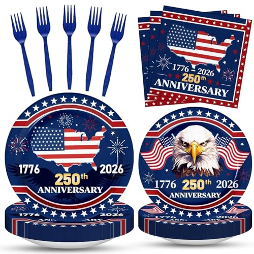 100 Pcs 250th Anniversary Party Supplies - Serves 25 Red White Blue Disposable Tableware Includes Paper Plates Napkins Plastic Forks for 1776-2026 Patriotic Decor Independence Day 4th of July