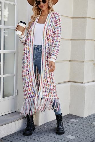 Image of Womens Boho Cardigan Sweater Maxi Long Colorful Fringed Tassels Knitted Cardigan Jacket Outwear