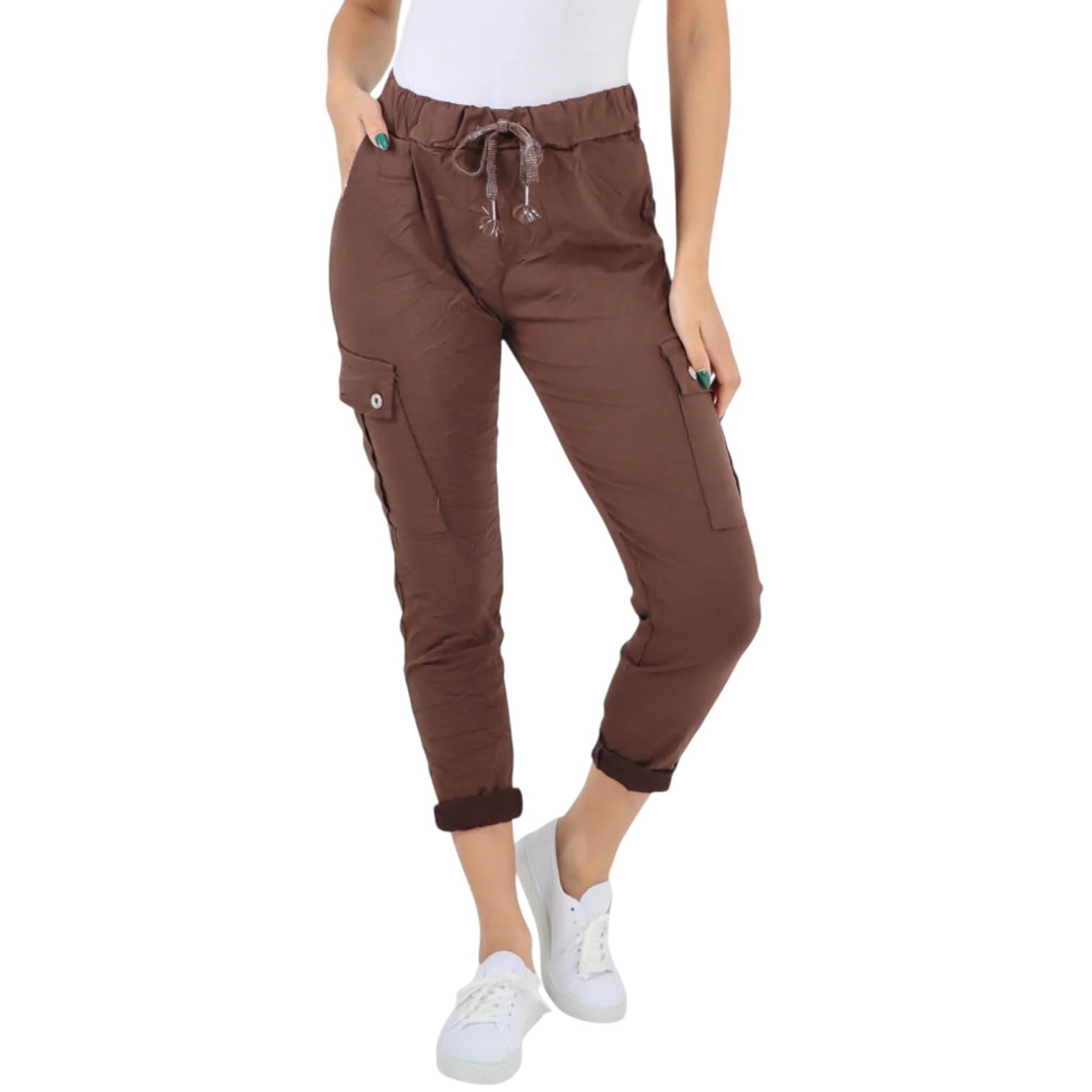 Sxme Might Say Women's Chocolate Brown Italian Drawstring Waistband Magic Cargo Trousers For – Stylish, Comfortable & Versatile Everyday Pants (Uk, Numeric, 8, 14, Regular, Regular, )