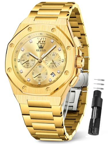 OLEVS Gold Watches for Men,Mens Gold Watch Luxury Mens Waterproof Watches Big Face Chronograph Stainless Steel Quartz Man Watch with Date Dress Diamond Relojes de Hombres Luminous