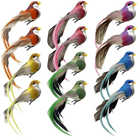 LWINGFLYER 12pcs Clip on Artificial Simulation Foam Birds Feather Long Tail Feather Fake Birds for Craft Home Ornaments Garden Wedding Decoration Embellishing 12cm/4.7inch Cover