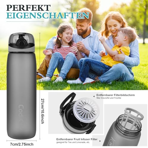 CodiCile Trinkflasche 1L, Wasserflasche 1L BPA-Frei, Auslaufsichere 1 Liter Trinkflasche, Tritan Sportflasche mit Filter für Fitness… – Ansicht 4