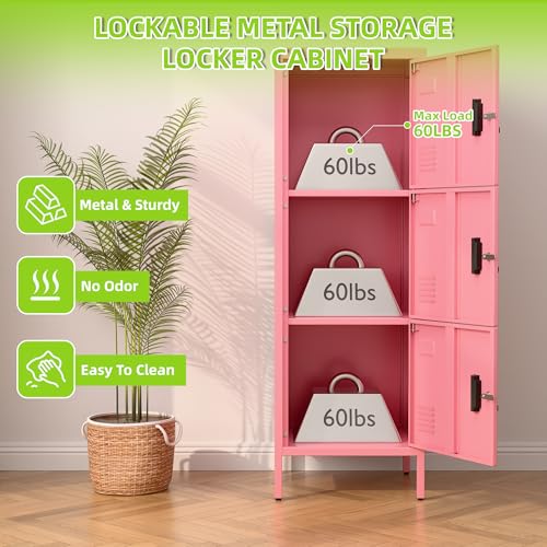 Image of Aobabo Metal Locker, 16 inch W 3 Door Metal Storage Lockers for Employees with Lock and Name Card Holder for School, Home, Office, Playroom, Assembly Required, Pink