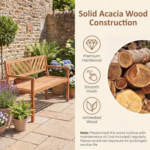 Image of Giantex 2-Person Outdoor Bench, 47 inch Patio Acacia Wood Loveseat with Slatted Seat, Armrests & V-Shaped Backrest, Wooden Garden Seating for Backyard, Porch, Deck, Poolside