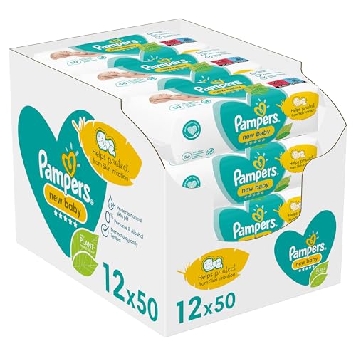 Pampers New Baby Wipes 12 Packs of 50 Wipes, 600 Baby Wet Wipes, Unscented, Helps Protect from Skin Irritation