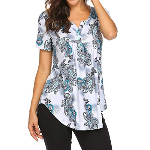 Cocila Womens Short Sleeve Print V Neck Tops, Ladies Casual Loose Flare Ruffle Tunic Blouse Shirt(XXL,White)