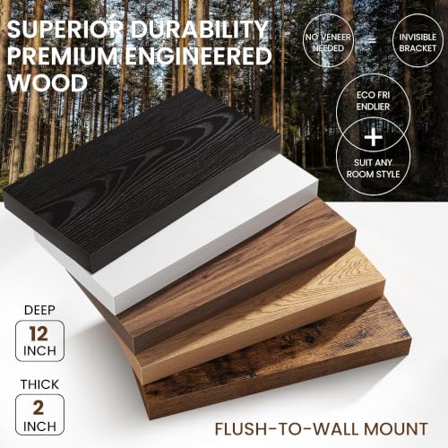 Image of 36Inch Walnut Floating Shelves for Wall, 12 Inch Deep Shelves for Bedroom, Kitchen, Bathroom Wall Mounted, Rustic Wood Floating Shelf with Invisible Brackets for Books, Storage, Decor, 2 Packs
