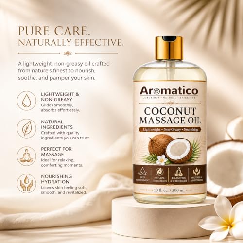Image of AROMATICO Coconut Massage Oil for Body Massage, Lightweight Moisturizing Body Oil, Spa Massage Oil for Dry Skin, Relaxing Routine and Daily Body Care - 300ml