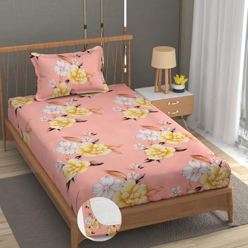 Image of Premium Heavy Cotton Elastic Fitted Bedsheets with 1 King Size Pillow Covers | Single Bed with All Around Elastic 350 TC | 36 x 78 x 6 Inch Single Size Fitted | :- Baby Pink Flower