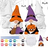 Hollowfly 2 Pack Halloween Ready to Paint Your Own Gnome Statues, 4' Spider Web Pumpkin Mini Blank Ceramics Unpainted Gnome Figurines Craft DIY Art with Brush Palette Paint for Adults