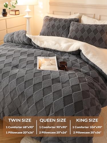 Image of Tufted Fleece Comforter Set King - Super Soft Warm Fluffy Shaggy Bedding Sets, Diamond Plaid Jacquard Bed Set for Winter, 1 Sherpa Comforter with 2 Pillow Cases (104 inchX90 inch Grey)