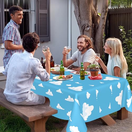 Image of 2 PCS Blue Sky and White Clouds Tablecloth Birthday Party Supplies 54 x108 Inch Cartoon Story Table Cloth Plastic Sky Clouds Backdrop Tablecover Cartoon Table Banner for Baby Shower Boy Girl Birthday
