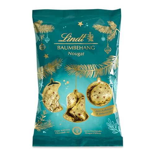 Lindt Schokolade | LINDOR Baumbehang Nougat Beutel| 200g | Vollmilchkugeln mit zartschmelzender Nougat Füllung | weihnachtliche Schokolade zum Aufhängen und Dekorieren
