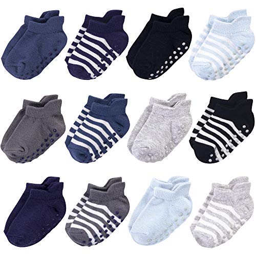 Touched by Nature Baby Organic Cotton Socks with Non-Skid Gripper for Fall Resistance, Blue Black, 6-12 Months