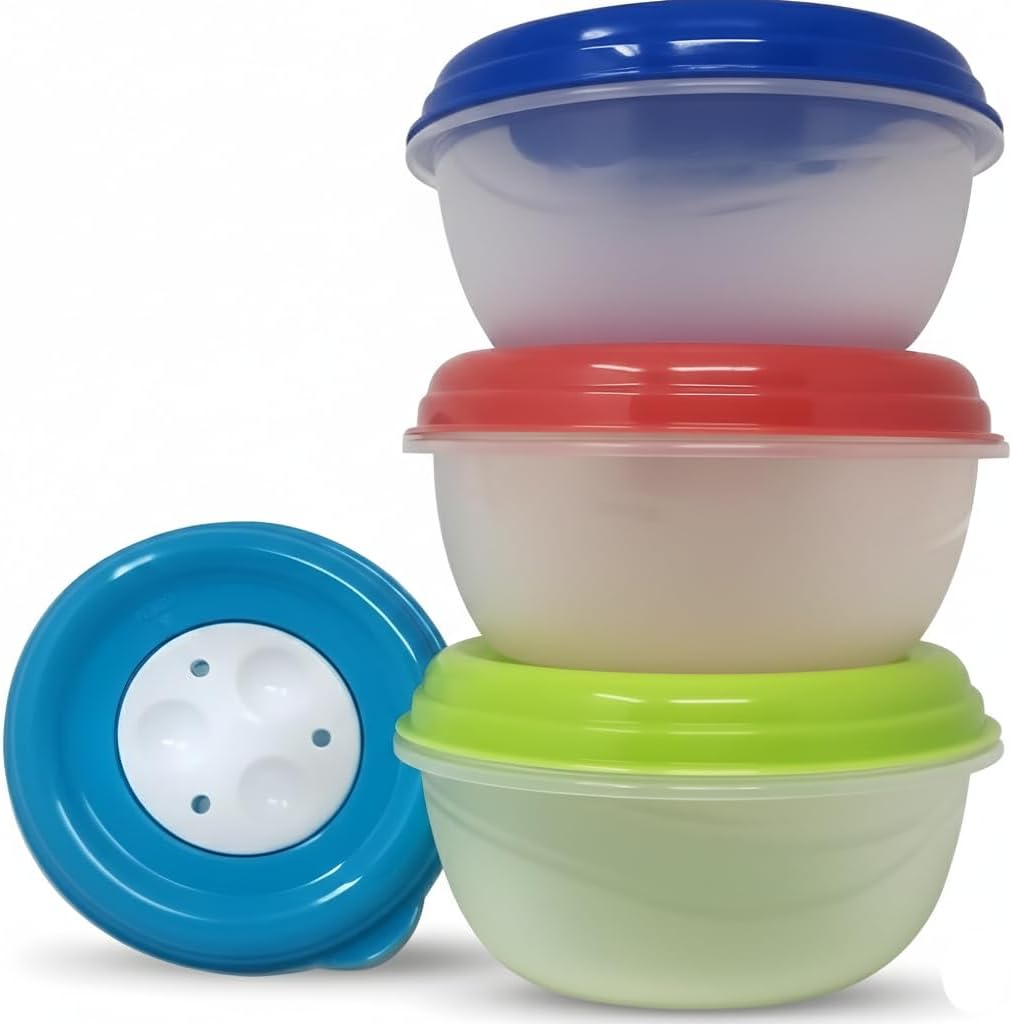 Bexter 4 Pack Plastic Microwave Soup Freezer Containers with Vented Lids, Reusable Food Storage Bowls for Meal Prep, Dishwasher Safe, Steam Vent Lids, 10 fl oz Capacity