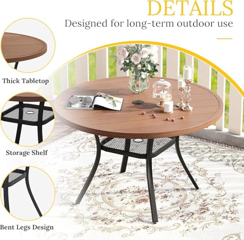 Image of VICLLAX Patio Dining Set for 6, All Weather Metal Outdoor Furniture Set- 47 inch Round Patio Table and Chairs, Walnut Tabletop and Brown Fabric