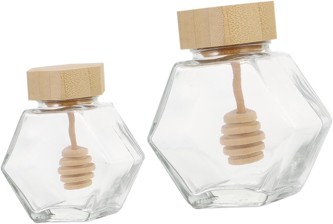 Mikinona 2pcs Sealing Glass Honey Pot Wooden Lid Honey Storage Jars for Freshness and Convenience Kitchen Home Decor