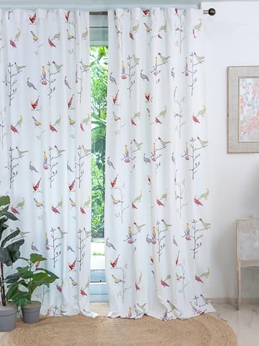Image of Tranquebar Curtain Co. Window Curtains 6 Feet, 60-65% Room Darkening, Multicolor Bird Print, Cotton Curtains for Window, Cotton Curtains 6 Feet Long Set of 2, BackTab Loops, Shiri (183 cm) - Set of 2